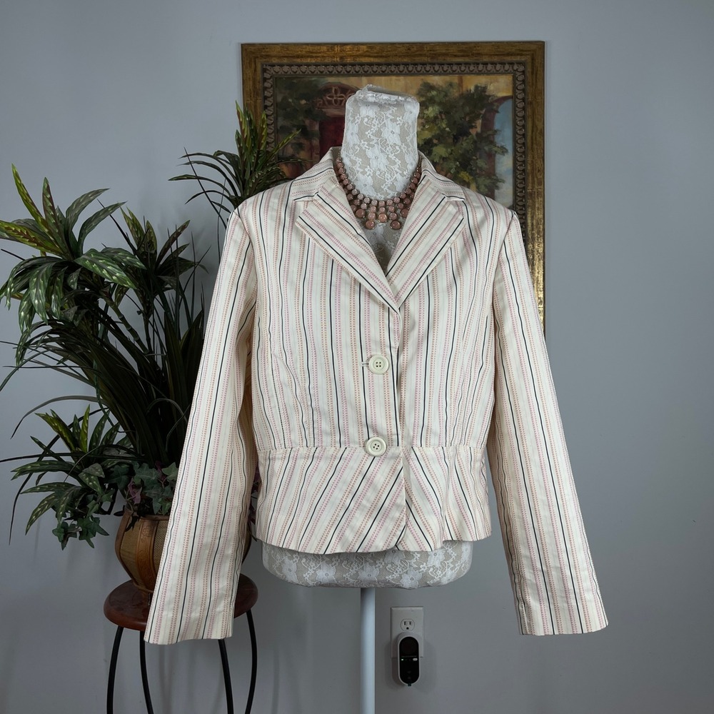 Nine & Company Blazer Women 16 Cream Pink Striped Cotton Blend Peplum Jacket